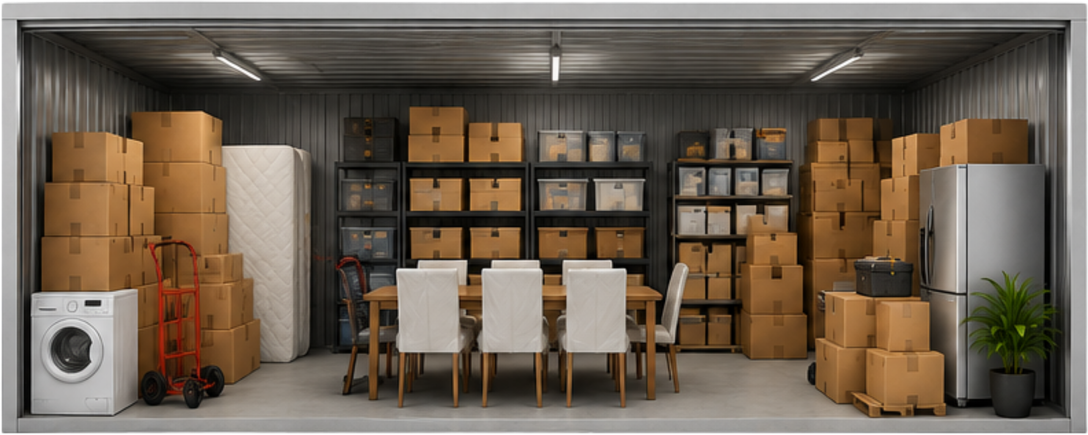 Box de stockage ouvert avec cartons et vélo